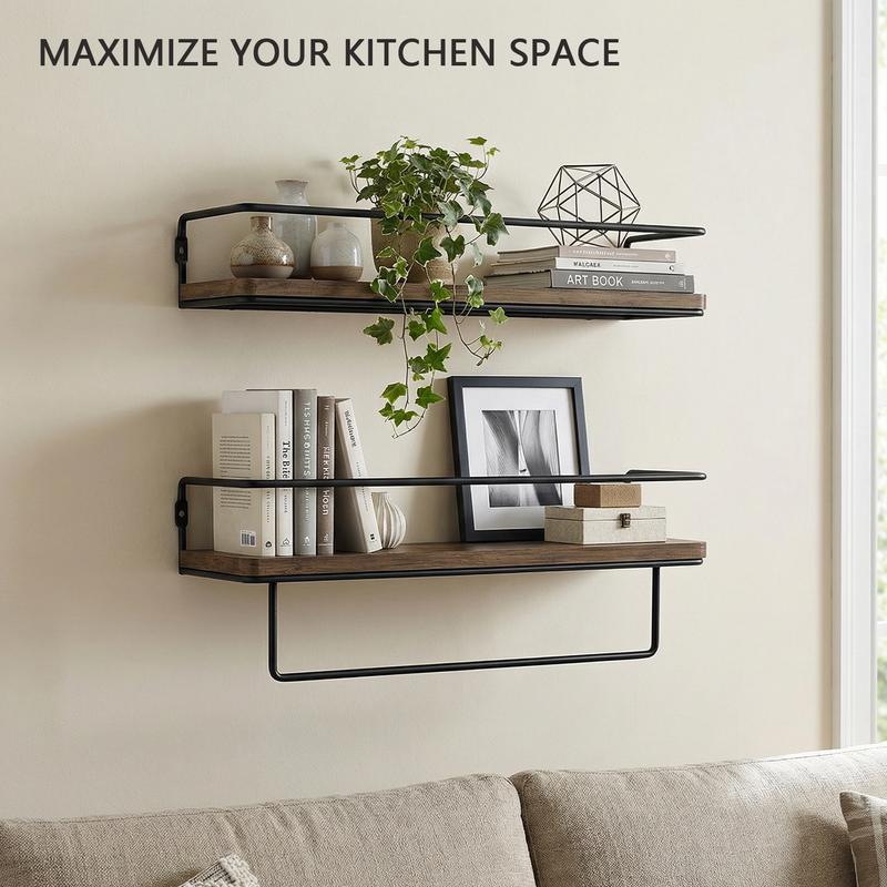 Spaco 15.7'' Floating Shelves - Set of 2, Wall Mounted Hanging Shelves with Black Towel Rack, Decorative Storage Shelves for Bathroom, Kitchen, Living Room & Bedroom
