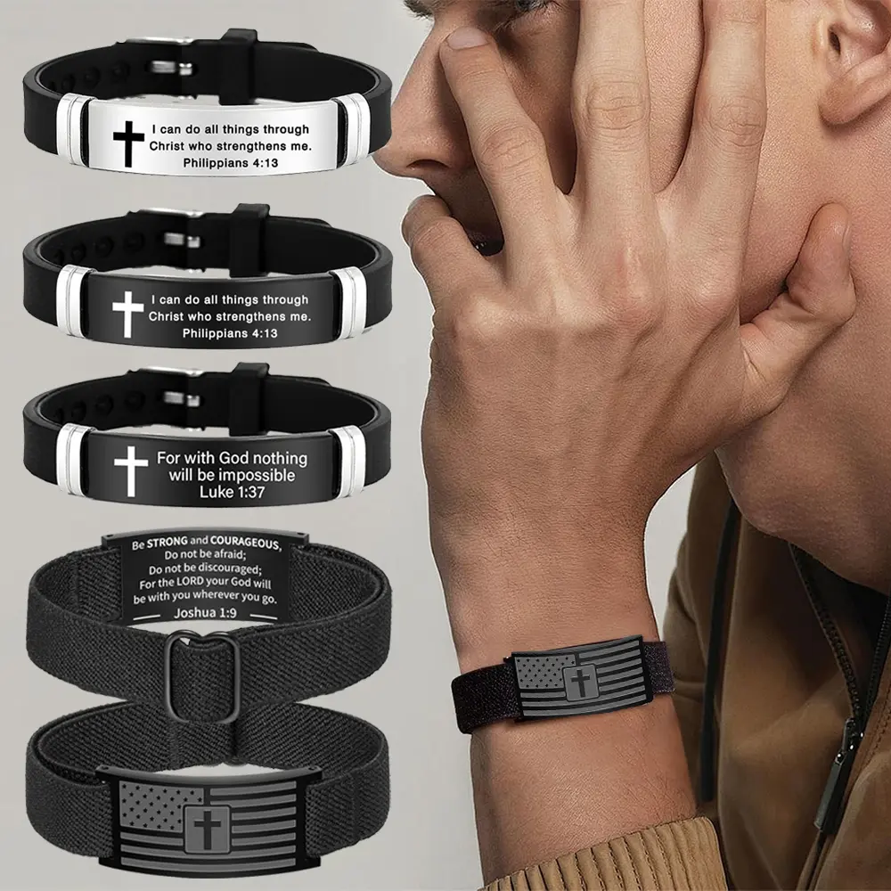 5PCS Unisex Handmade Braided Religious Bracelet Set - Adjustable 304L Stainless Steel Silicone Wristlets with Bible Verse Cross, Bible Quotes, Geometric Design, Bracelet Stacking Cuff for Daily Wear, Valentine's Gift