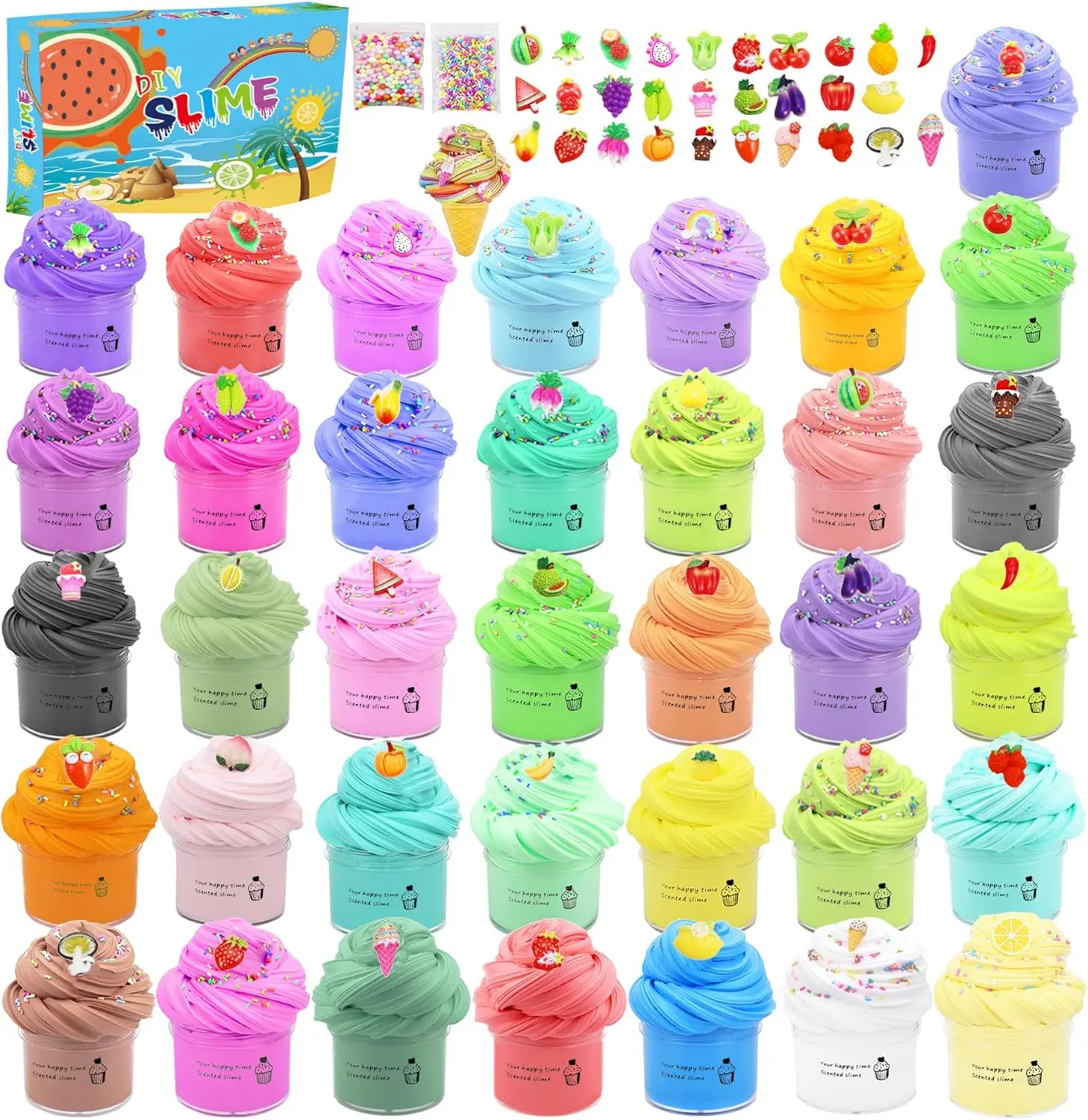 36 Pack Mini Butter Slime Obsidian Kit with Funny Fruits Charms, Super Soft & Non-Sticky, Party Favors Birthday Gifts for Girls and Boys