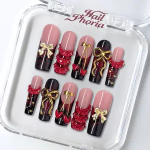 NailPhoria CHERRY TEMPTATION - Valentine Handmade Press-On Nails | Reusable, Salon-Quality, Long-Lasting, Glossy Design
