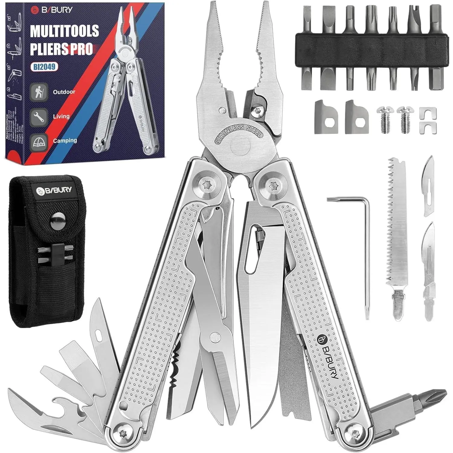 Multitools Pliers BI2049, Tool Foldable Pliers with Large Saw Blade, Wire Cutters, Tool w/Scissors and Screwdirver Set, Gift for Dad, Father's Day Gift