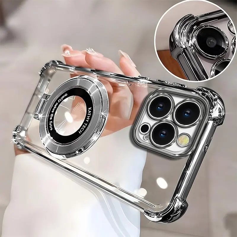 Compatible with iPhone 16/15/14/13/12/11 and Samsung Galaxy S26/S25/S24/S23/S22; premium clear electroplated phone case with ring stand holder, 4-corner shockproof camera protective cover — 975