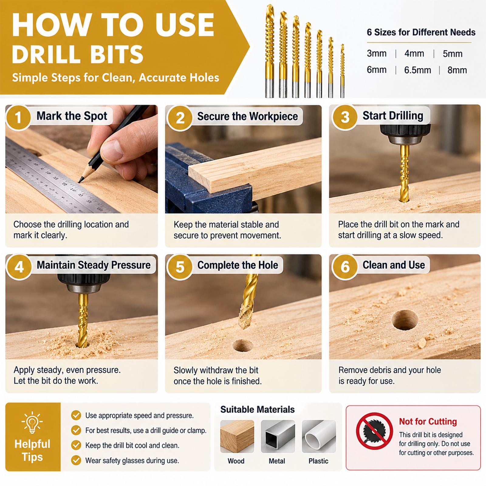 6-Pack Titanium-Plated High-Speed Steel Power Drill Bits Set, Straight Shank Durable Construction, Wear-Resistant Titanium Coating for Wood & Plastic Drilling, Drilling Only Not for Cutting Drillbits Metal Drill Bits