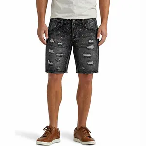 Men’s vintage black washed distressed denim shorts with a starry sky hotfix rhinestone bling design, ripped straight fit, knee length jorts—hip hop streetwear casual summer jean shorts for men, suitable for beach parties and all occasions.