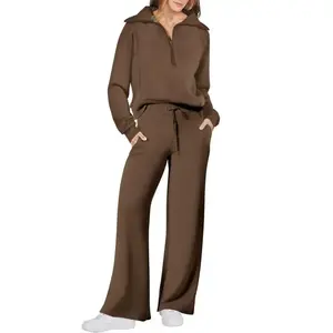 2025 Autumn Winter Casual Sports Suit Zipper Long Sleeve Sweatshirt Wide Leg Pants Two-Piece Set