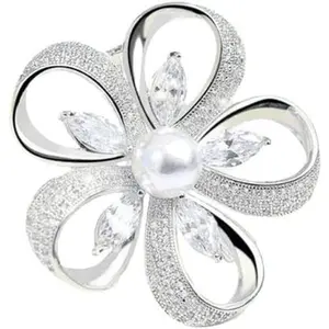 Delicate Pearl Rhinestone Crystal Flower Brooch Pin for Women Dress Hat Decoration Bride Engagement Wedding Jewelry