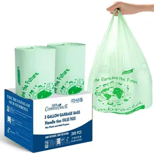 Compostable Trash Bags, 3 Gallon Compost Bags Small Kitchen Trash Bags with Handle, 200 Count Sturdy Biodegradable Garbage Bags  Scrap  Bags, ASTM D6400,  BPI Certified