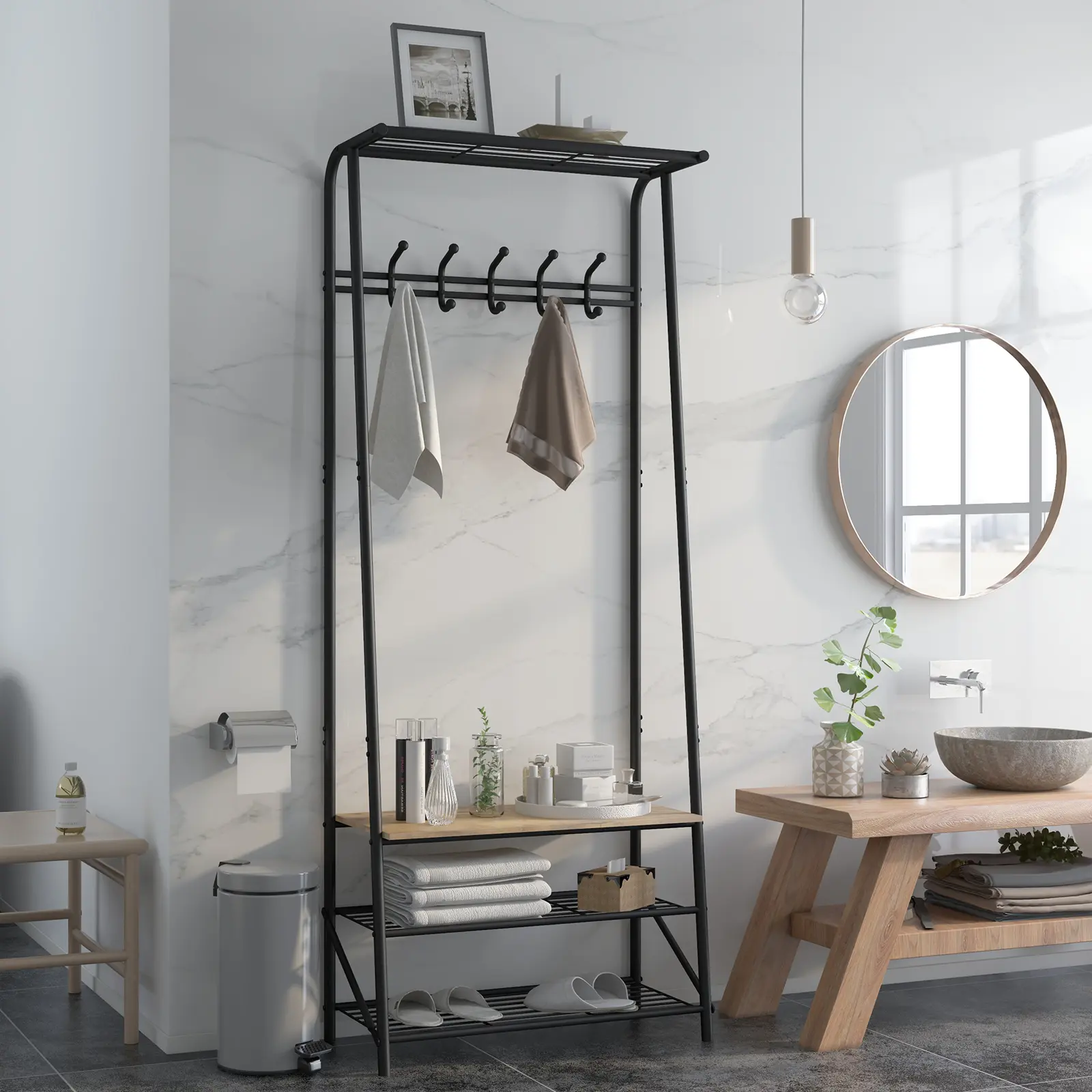 Hall Tree with Bench and Shoe Storage, 4-Tier Entryway Bench Coat Rack with 10 Hooks, 4-In-1 Freestanding Mudroom Hallway Storage Organizer for Small Spaces