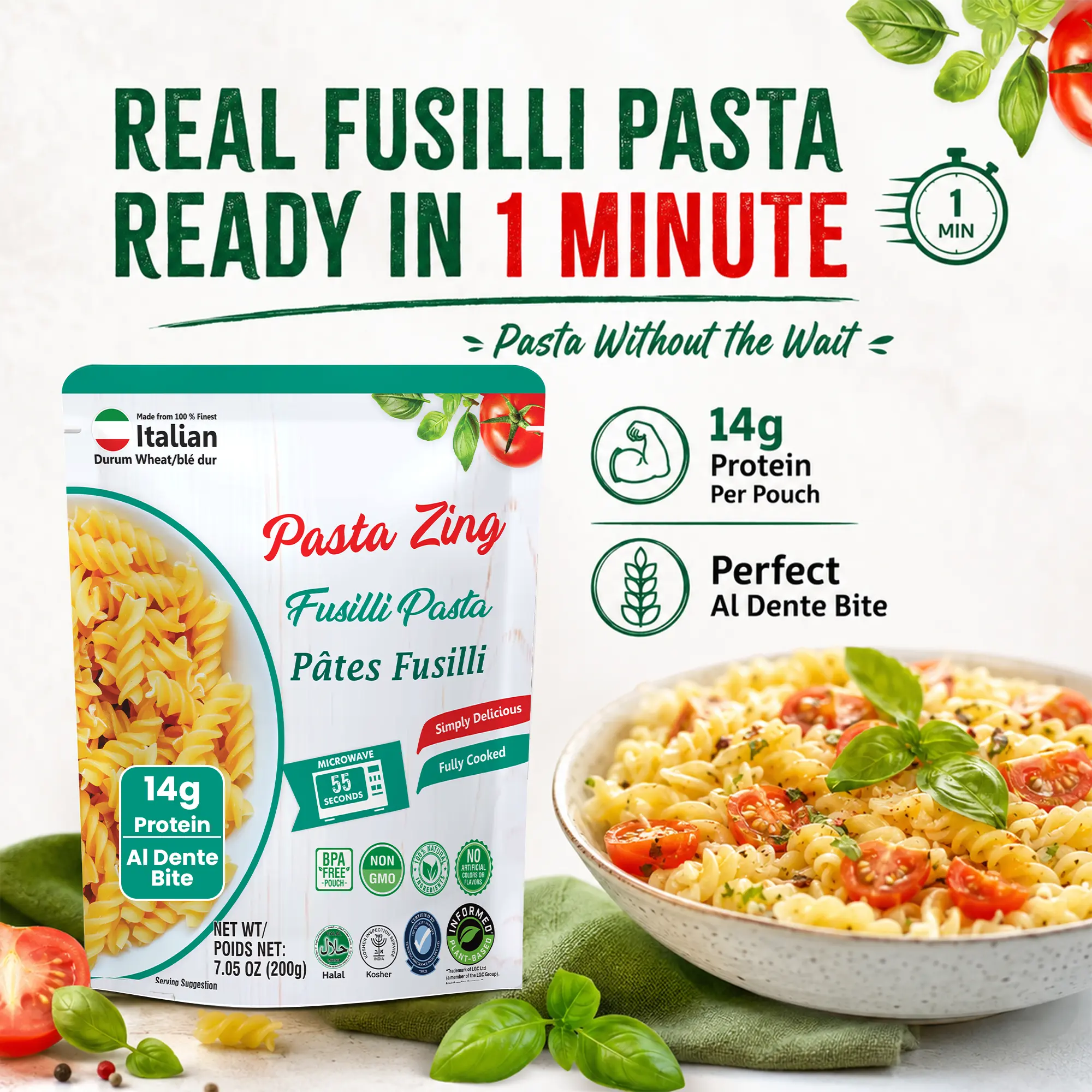 Pasta Zing Fusilli Pasta Ready in 1 Minute, Fully Cooked Microwave Pasta, 14g Protein Per Pouch, Perfect Al Dente Bite, Non-GMO Heat & Eat Pasta, 7.05oz Pack of 7