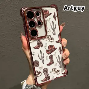 Phone Case Compatible with Samsung Galaxy S23 Ultra S24 Plus S25 S22+ FE Edge Western Cowboy Elements Pattern Electroplating Transparent Silicone Drop-proof Protective Cover