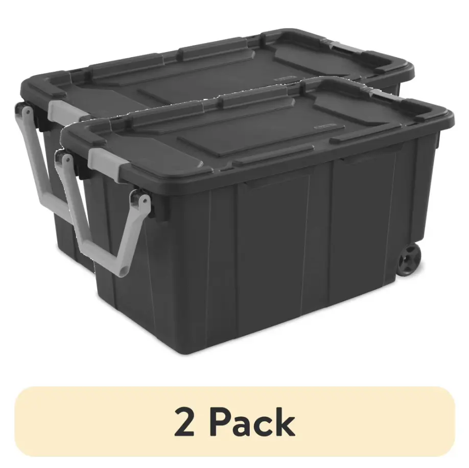 (2 pack) Sterilite Extra-Large Wheeled Industrial Storage Bin, 40 Gallon Durable Plastic Storage Tote with Latching Lid and Pull Handle, Dark Gray