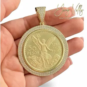 Centenario Gold Plated 50 Pesos Pendant with White Cubic Zirconia Stones Geometric Design Unisex Jewelry. (It's not real gold)