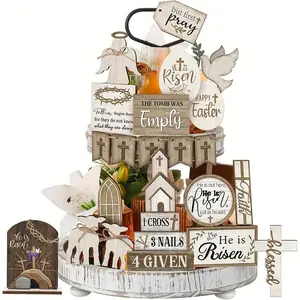 Easter Themed Wooden Decoration without Tray, 22pcs/set Cross & Church & Letter Pattern Decoration, Home Decor for Living Room Bedroom Kitchen, Ornaments