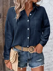 Women's Casual Button Shirt Blouse, Button Up Top, Long Sleeve Fitted Design, All-Season Wear, Loose Fit Drop Shoulder Sleeves, Pocket Detail