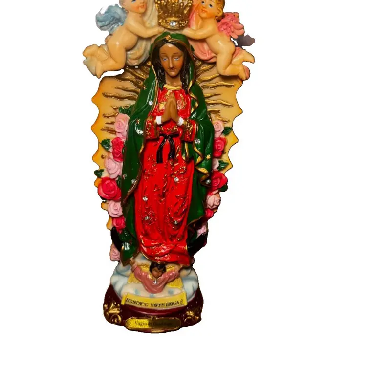 Virgin Maria Guadalupe Statue Figurine with Crown & 2 Angels Red Green 12 inches