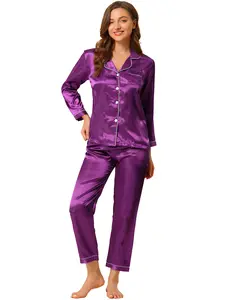 INSPIRE CHIC Satin Night Suits Sleepwear Button Down with Pants Silky Lounge Sets Purple