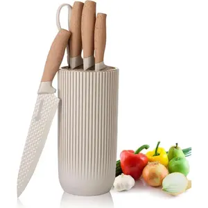 Kitchen Knife Set, Retrosohoo 6-Pieces Khaki Sharp Knife Set for Kitchen, Non-stick Non-slip Stainless Steel Chef Knife Set with Universal Knife Block Suitable for Home Restaurant (Khaki)