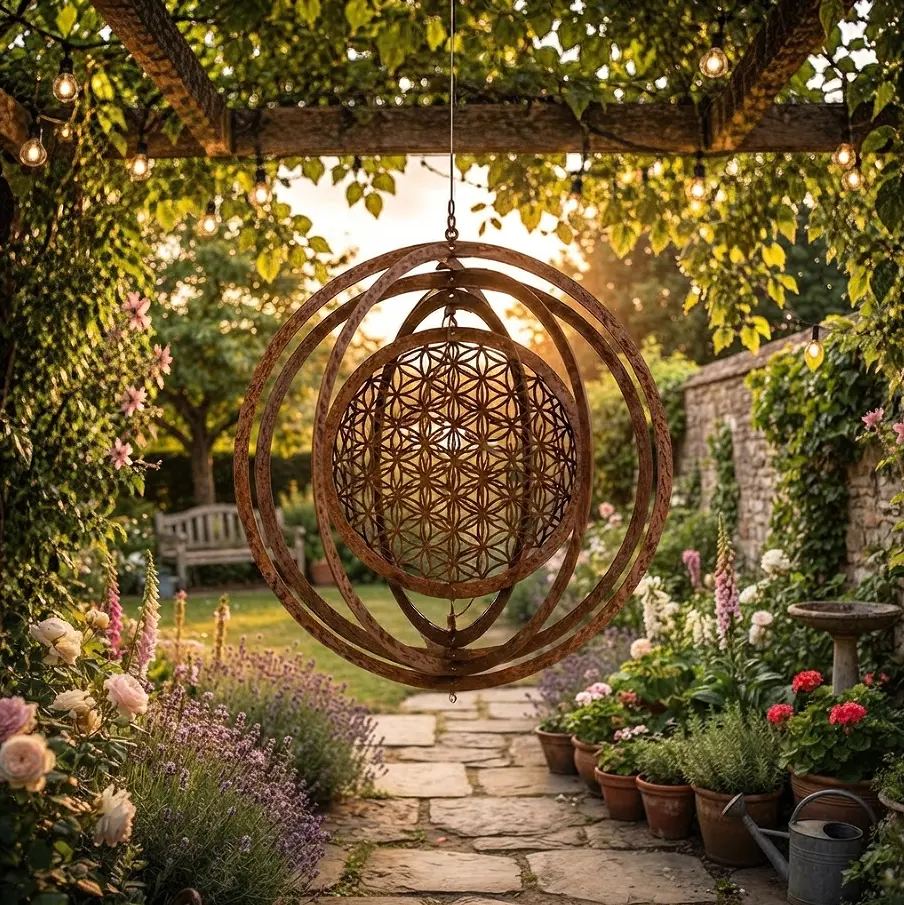 Stunning Wind Spinner Hanging Decor, Rustic Sacred Geometry Flower of Life Sculpture for Outdoor Garden, Vintage Yard Art Ornament, Weather-Resistant Kinetic Wind Catcher, Aesthetic Patio Backyard Landscaping Gift