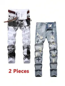 2 Pieces Jeans For Men White And Blue Printed Straight Leg Comfort Casual Trousers Ripped Star Embroidered Denim Pants Menswear