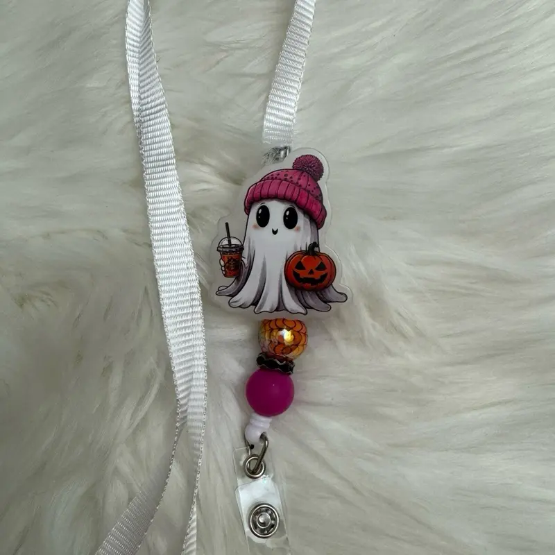 Ghost Badge Reel Lanyard with Adorable Halloween Ghost Design and Pink Bead Charm