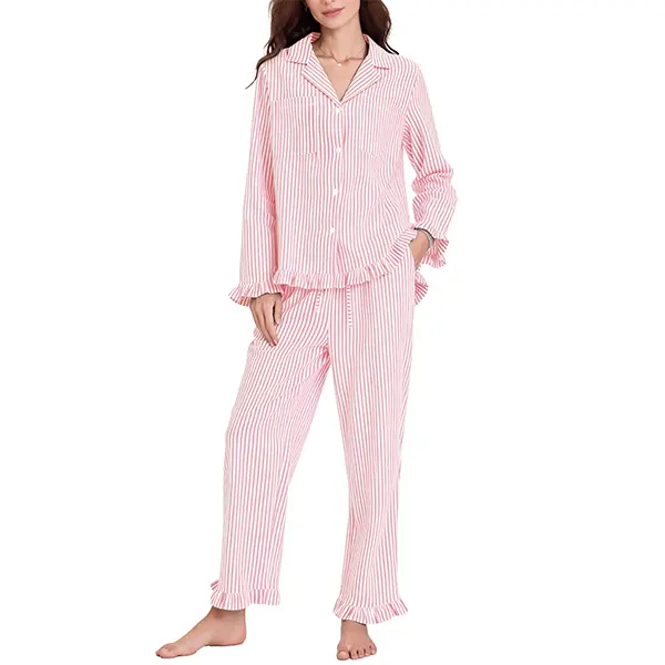 Women's Cute Striped 100% Cotton Pajama Set, Long Sleeve Button Down 2-Piece Lounge Set with Ruffle Trim and Pockets, Normal Type, Two Piece Sets Women