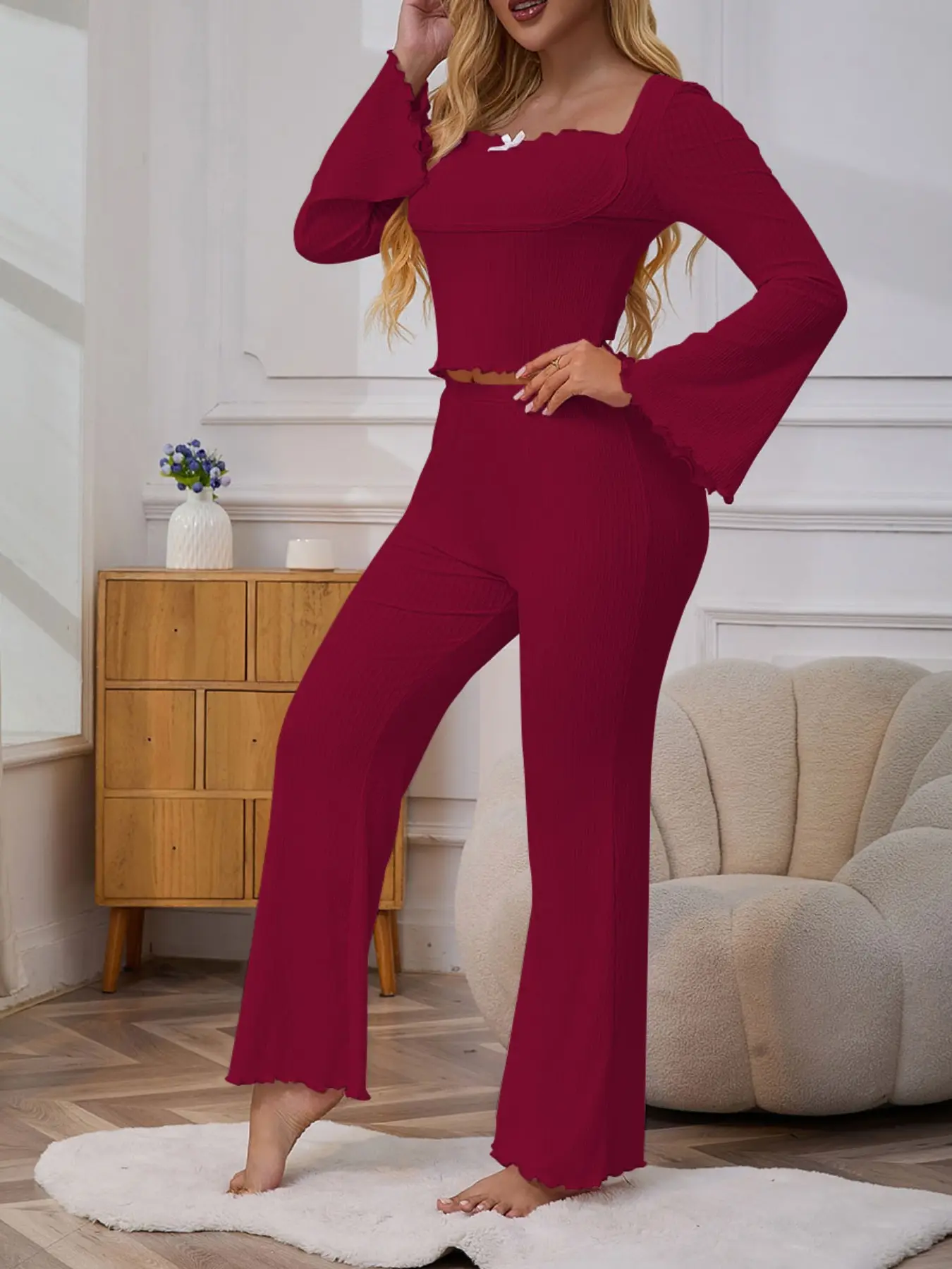 Women's Casual Fall Winter Pajama Set Loungewear, Long Sleeve, U Neck Design, Breathable Elastic Fabric, Comfortable Everyday Home Wear, Trendy Plain Two-Piece Pjs, Nightwear, Homewear