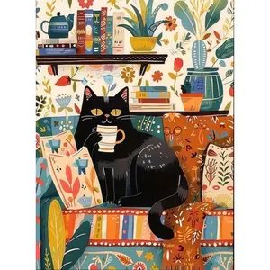 5D DIY Full Drill Diamond Painting Kit Cozy Black Cat Reading Tea Time Scenery Art Craft for Adults Home Wall Decor Gifts Relaxation