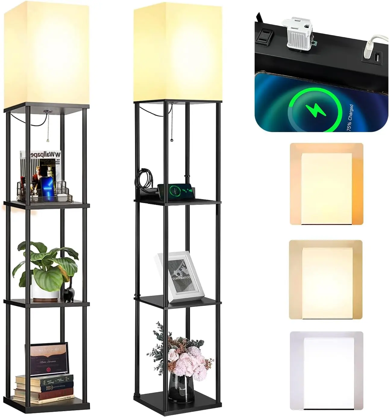 2 Pack Shelf Floor Lamp with Charging Station, 3 Color Dimmable LED Standing Lamp with 4 AC Outlets USB & Type C Ports, Storage Display Shelves Floor Light for Living Room Bedroom