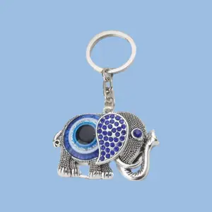 Good Luck Evil Eye Elephant Keyring with Colored Glass Ornament and Blue Eyes Beads Keychain C Hook Turkish Talisman Souvenir Gift