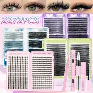 2272PCS Natural Look Eyelash Extension Kit, 10-100d, Manga & Fluffy Cluster Lashes, DIY Cluster Lashes Set, 4 Boxes of Eyelash Clusters for Eyelash Extensions, Soft and Lightweight, Long-Lasting 48 Hours, Includes Bond, Seal, Remover & Tweezers