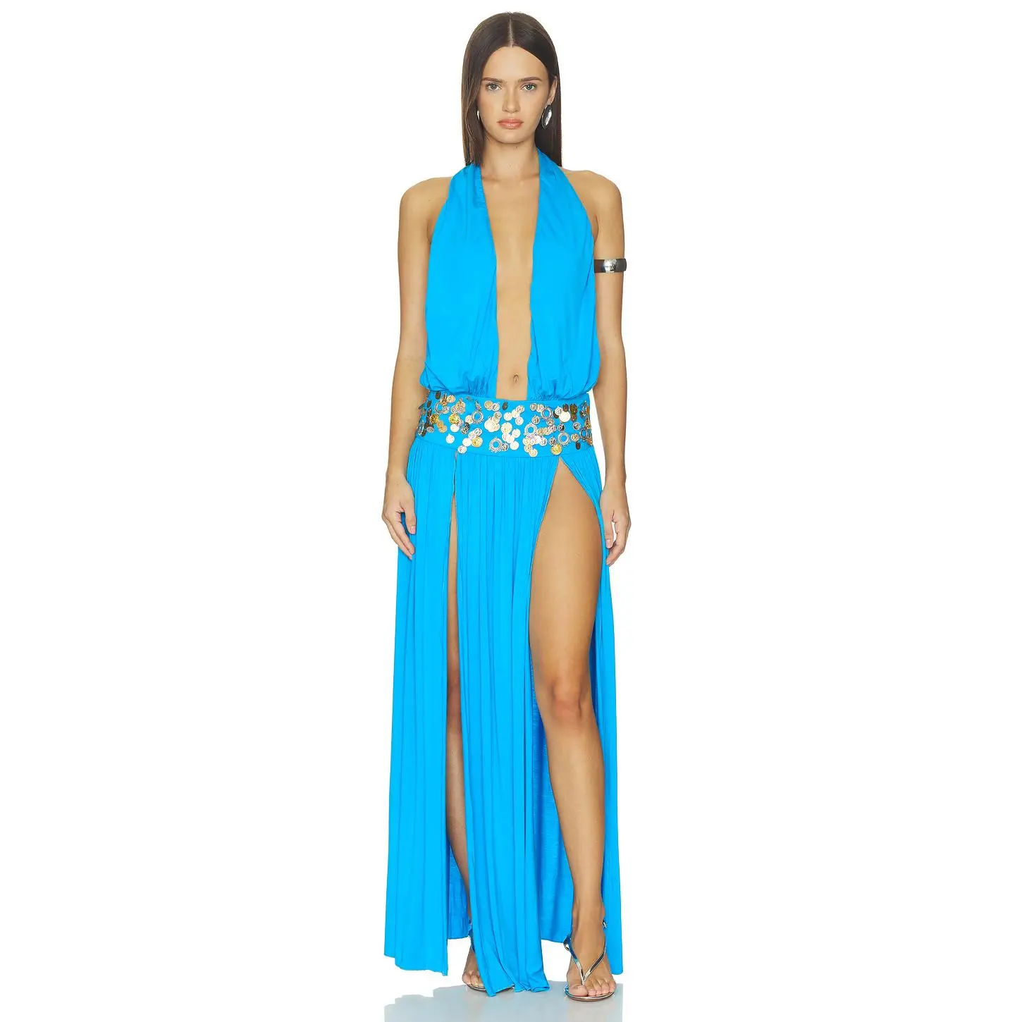 Jaded London Plunge Coin Maxi Dress in Blue