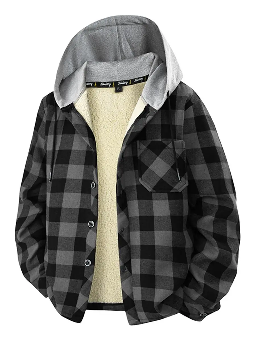 Men's Classic Grey Black Plaid Long Sleeve Sherpa-Lined Button-Up Hooded Jacket - Detachable Hood, Chest Pocket, Loose Fit, Warm, Windproof Menswear Fleece Casual Winter Outerwear for Streetwear, Daily Wear, Retro