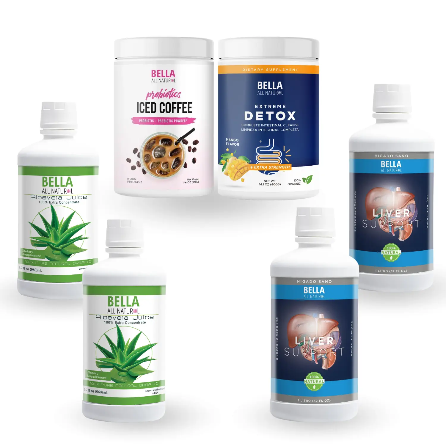 Bella All Natural Carla's Kit - Detox Mango, Probiotics Iced Coffee, Aloe Vera and Liver Support