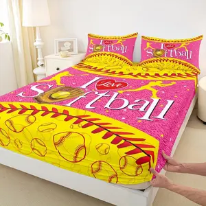 Softball Player Bedding Set,Sports Softball Bed Set for Girls Teens Bedroom Decor Kids Yellow and Pink Fitted Sheet Soft Gaming Bed Cover(1 Fitted Sheet ) No Flat Sheet