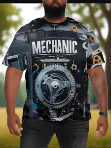 [Printed Design - Not Textured] Plus Size Men's Mechanical Pattern Print T-Shirt, Short Sleeve Round Neck T-Shirt, Summer Outdoor Men's Wear, PLUS SIZE