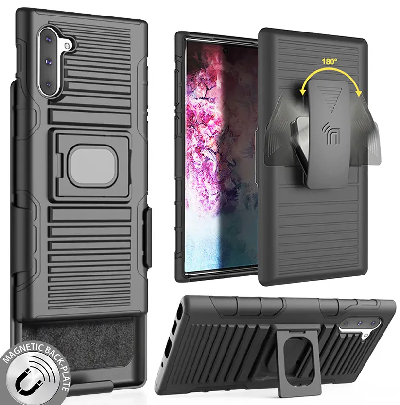Case with Clip for Galaxy Note 10, Nakedcellphone Black Rugged Ring Grip Cover [with Stand and Built-In Mounting Plate] + [Belt Hip Holster] for Samsung Galaxy Note 10 Phone (SM-N970, SM-N971)