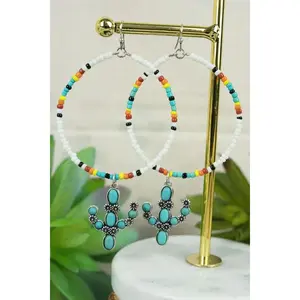 Large hoop Naja seed beaded earrings with cactus