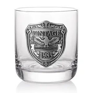 Vintage 1985 Whiskey Glass Set - Sturdy Metal Engraved Tumbler 10Oz for Whiskey Lovers - 40th Birthday Gifts for Him Dad Husband Father's Day Present