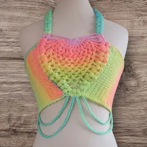 Colorful Haltertop - Vibrant Rainbow Crochet Crop Top with Adjustable Straps and lace up back for Summer Fashion