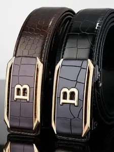 Men's Automatic Belt, Medium PU Leather Strap, Classic Letter Design, Summer School Casual Business Gift, Fashion Accessory, PU Leather Belts