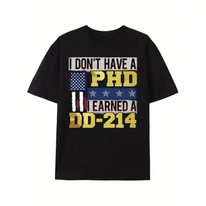 Boys' Funny PhD Doctoral Humor T-Shirt - "I Don't Have a PhD, I Earned a DD-214" with Flag & Stars - Casual Short Sleeve Round Neck Tee for School, Summer & Casual Attire - Machine Washable cotton, School Outfit, Playful Design, Comfortable Fit