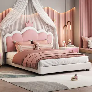 Full size Bed Frame with Crown Headboard, PU Upholstered Full Bed Frame, Wood Full Platform Bed with Headboard and Footboard, Cream+Pink