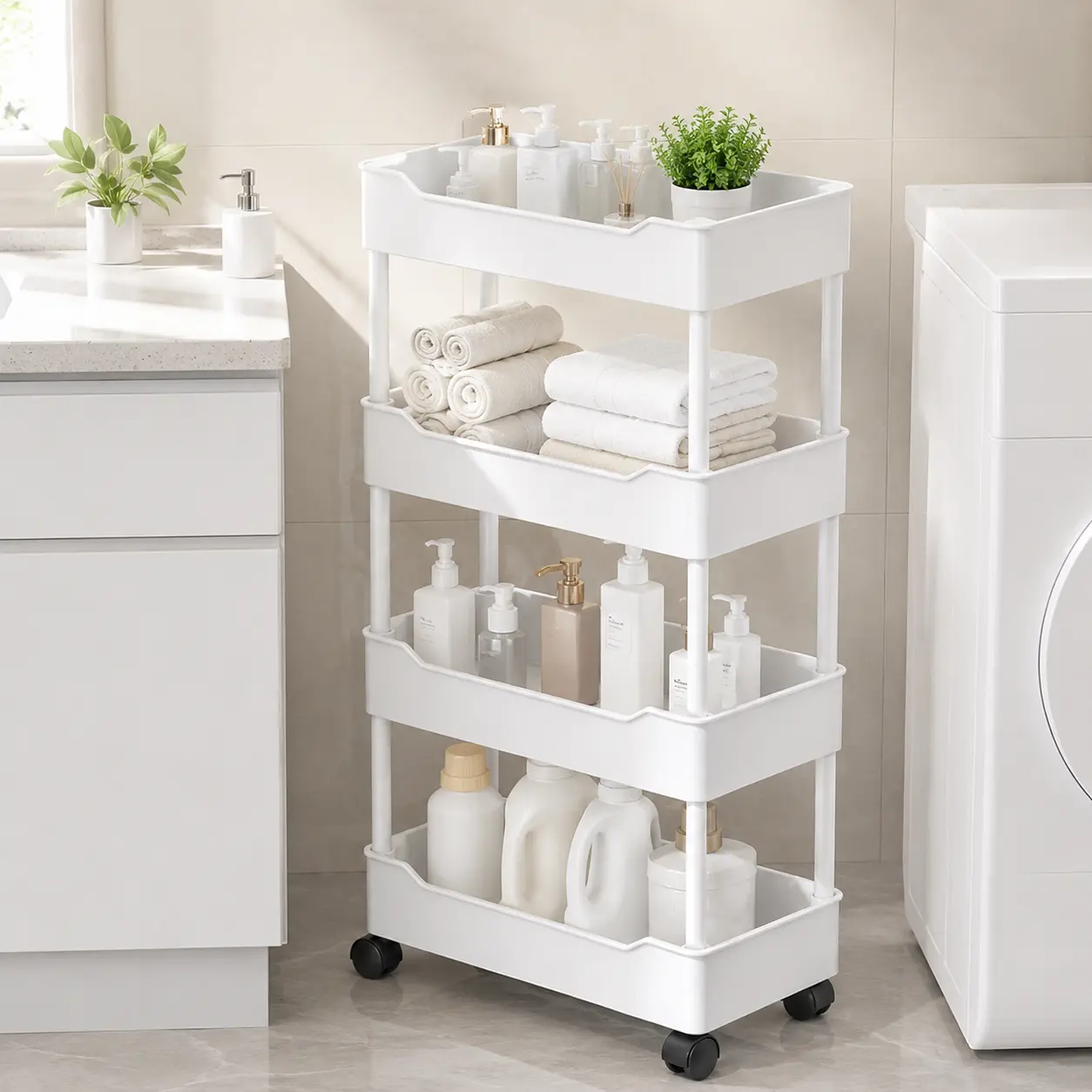 4-Tier Slim Rolling Storage Cart with Wheels - Narrow Mobile Organizer Racks for Kitchen, Bathroom, Pantry