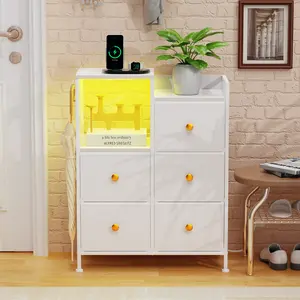 Storage Cabinet with Fabric Drawers and Shelf, LED Lights Metal Frame Storage Organizer with Fabric Drawers, Slim Shoe and Accessory Storage Unit for Small Apartment, Hallway or Living Room