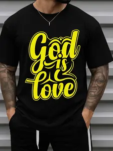 Men's God Is Love Graphic T-Shirt - 180GSM 100% Cotton Black Faith Apparel with Religious Message, Casual Round Neck Short Sleeve Tee for Church, Casual Attire & Gifts