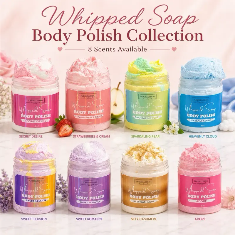 PureBellissimo 8-Piece Whipped Soap Body Polish Set, 9 oz Handmade Exfoliating Sugar Scrubs