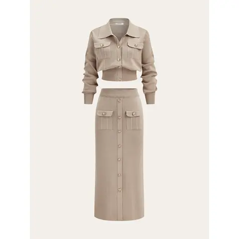 COMMENSE Women's Casual 2-Pcs Clothing Set - Collared Neck Long Sleeve Cardigan with Metal Buttons, Mid-Length Skirt, 2 Pcs Set