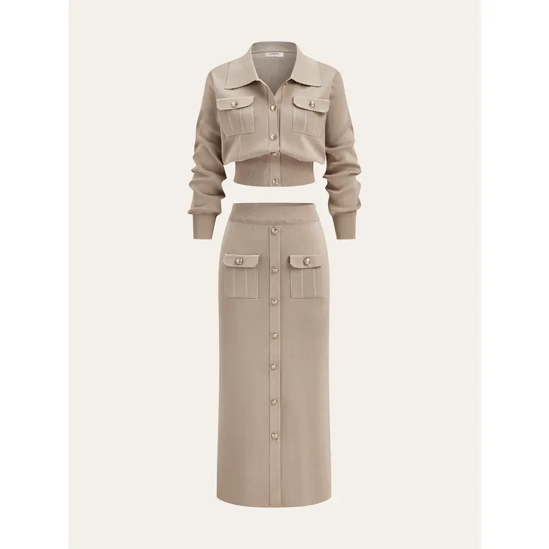 COMMENSE Women's Casual 2-Pcs Clothing Set - Collared Neck Long Sleeve Cardigan with Metal Buttons, Mid-Length Skirt, 2 Pcs Set
