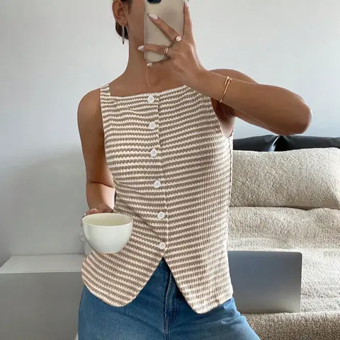 Women's Button Stripe Breathable Sleeveless Asymmetrical Hem Vest Jacket, Elegant Casual Fitted Sleeveless Striped Top for Daily Wear, Ladies Clothes for Summer, Sleeveless Fashion Apparel, Womenswear