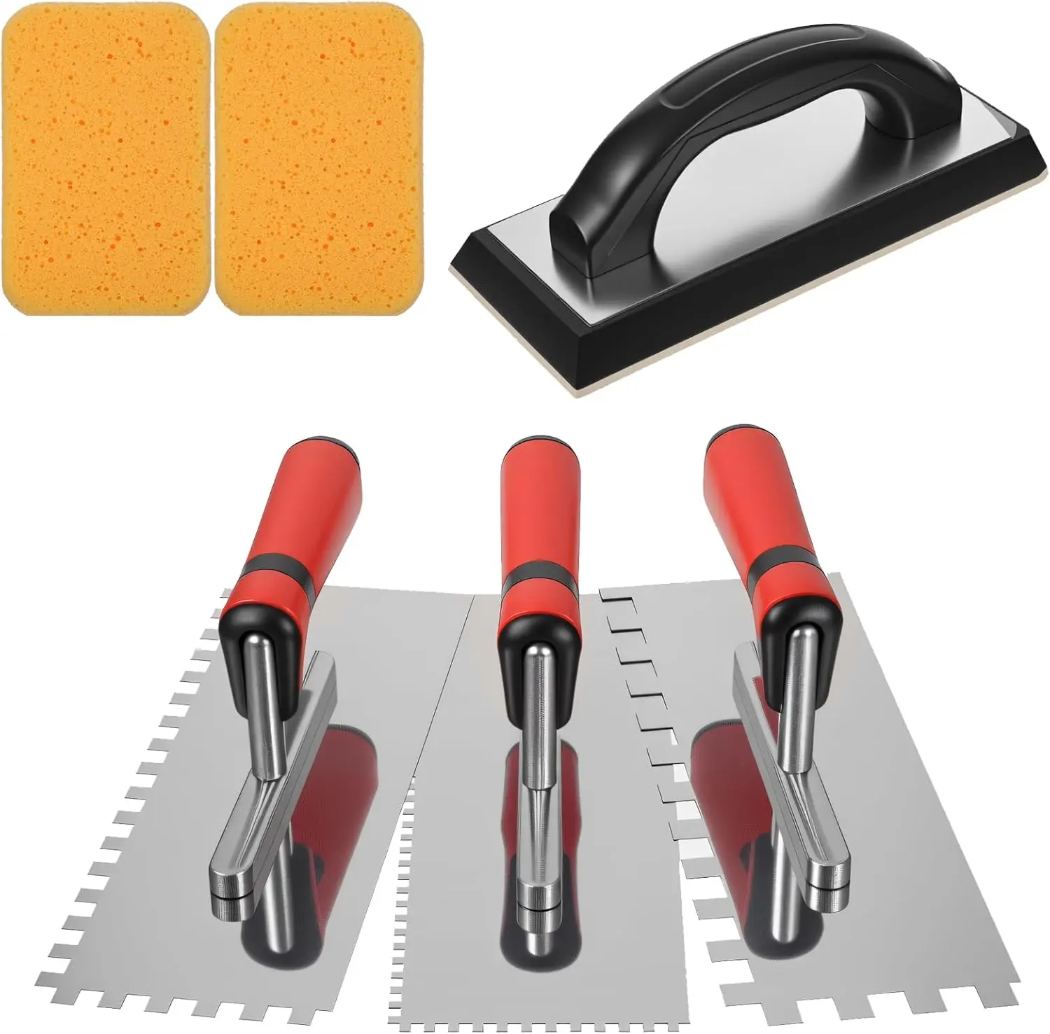 6 Pcs Tile Trowel Set Include 3 Pcs Stainless Square Trowel, 1 Grout Float and 2 Grout Sponge for Masonry Tiling and Flooring Installation